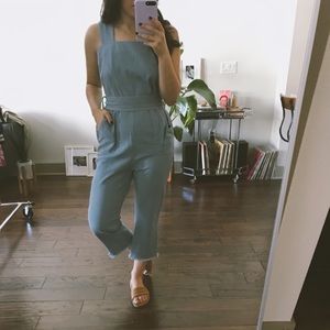 Denim Frayed Hem Jumpsuit with Tie